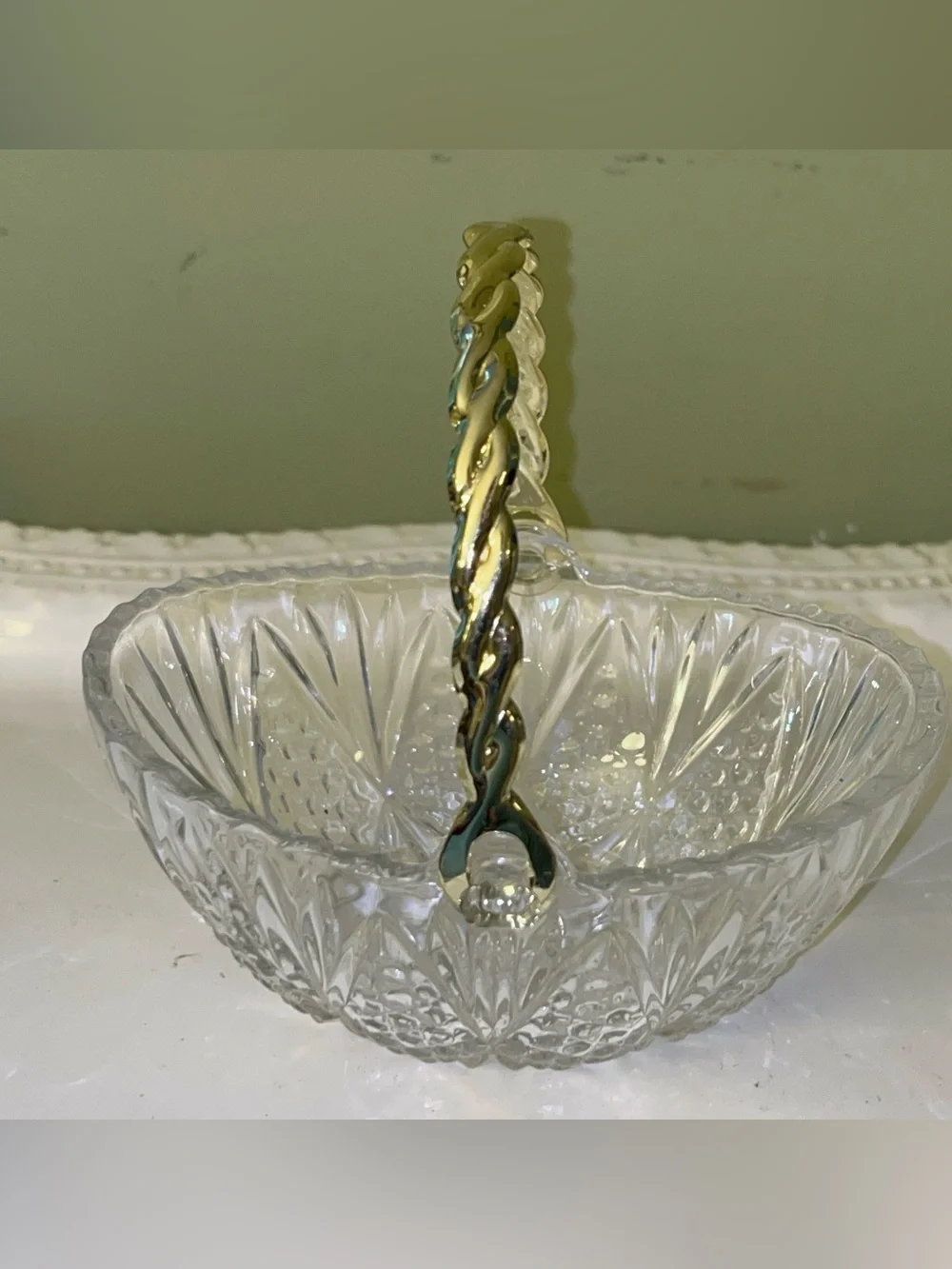 Vintage Mikasa Crystal Gold-Handled Glass Basket/Trinket